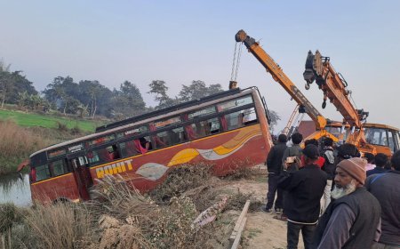 नाले में गिरी बस बाल बाल बचा ड्राइवर